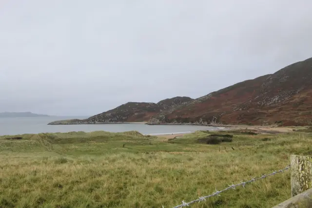 a grassy area with a body of water in the background