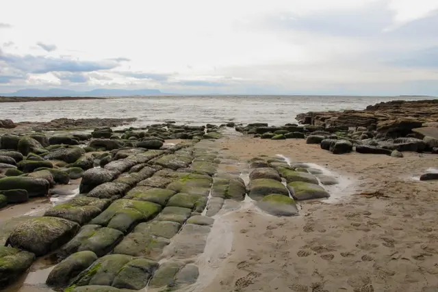 a rocky beach with water in the background