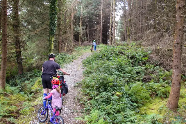 a man and a child riding bikes on a trail in the woods