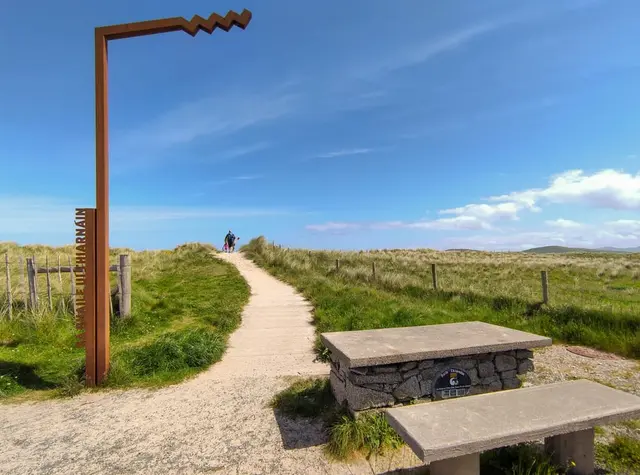 a path with benches on it