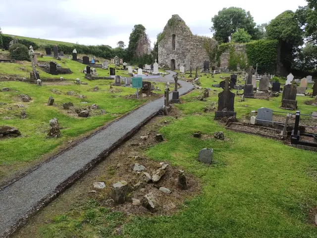 the Killydonnell Friary, a stone building with graveyard