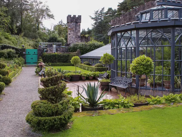 a garden with a building in the background