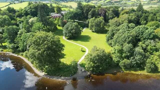 a river with trees and a house