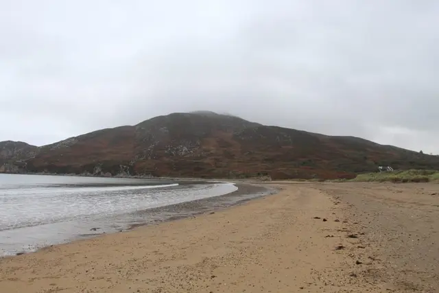 a beach with a hill in the background