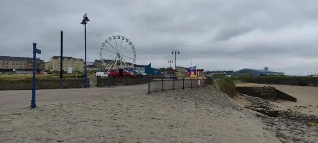 a sandy area with a ferris wheel in the background