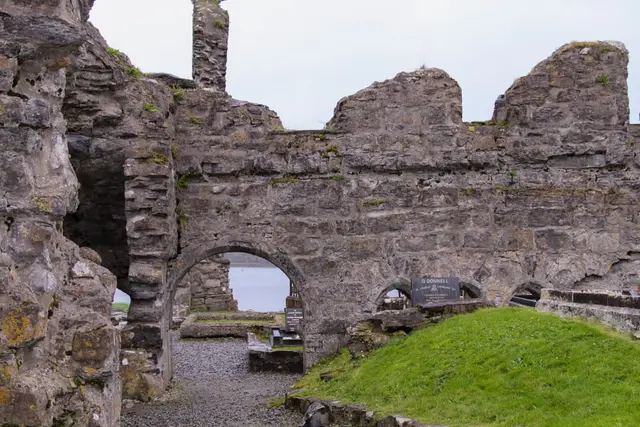 a stone building with a grass field