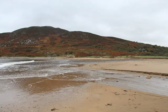 a beach with a hill in the background