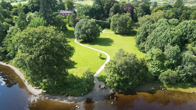 a river with a park and trees