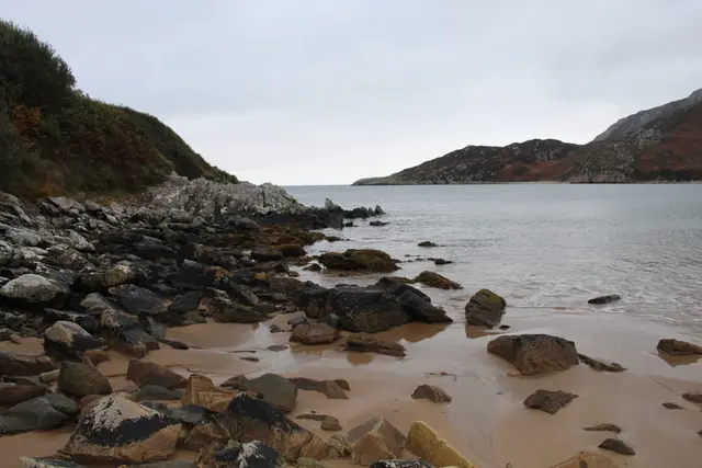 a rocky beach with a body of water in the background