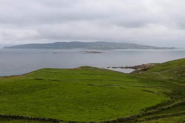 a grassy area next to a body of water