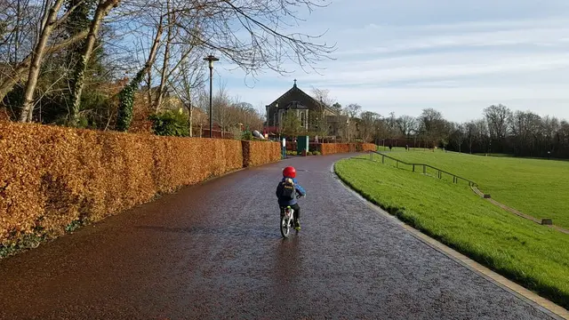 a child riding a bike on a road with grass and trees on the side